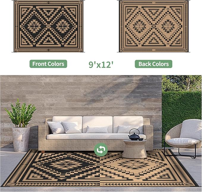 GENIMO Outdoor Rug, Waterproof Plastic Rugs for Patio, 9'x12' Dark Brown | Outside Larger Modern Carpet Mat for Porch Decor, Deck, Balcony, Camping, RV, Backyard, Picnic, Beach, Reversible, Foldable