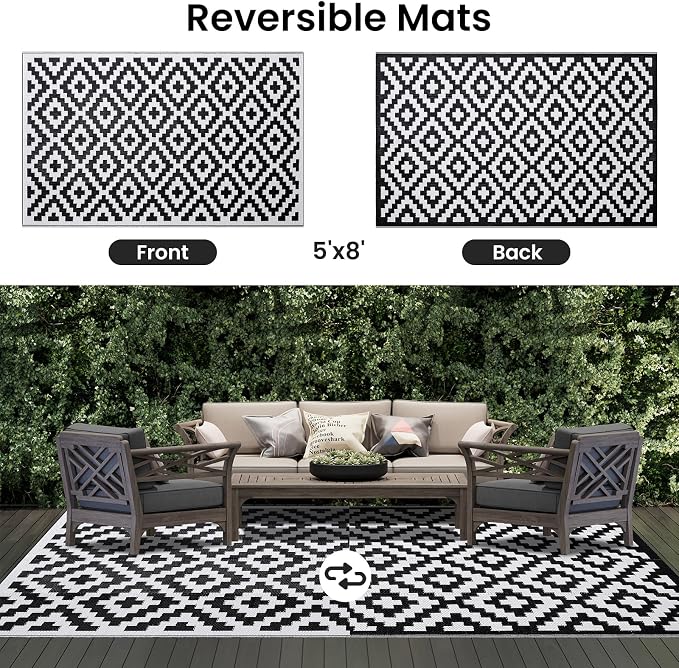 Smiry Outdoor Rug 5x8 ft Waterproof Reversible Boho Mat, Black & White | Polypropylene Plastic Straw, Quick Drying, Lightweight Foldable, for Patio, Deck, RV Camping, Backyard and Indoor Outdoor Use