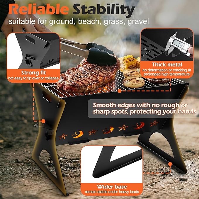 Portable Campfire Grill, HaSteeL Mini Barbecue Slot with Grate & Carry Bag, Heavy-duty BBQ Outdoor Fire Pit for Camping Backyard, Bonfire, Patio, Easy Assembly