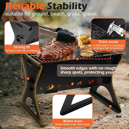 Portable Campfire Grill, HaSteeL Mini Barbecue Slot with Grate & Carry Bag, Heavy-duty BBQ Outdoor Fire Pit for Camping Backyard, Bonfire, Patio, Easy Assembly