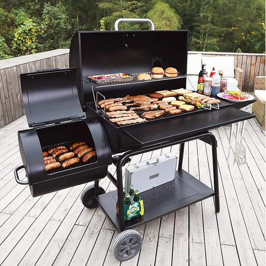 Royal Gourmet CC2036F Barrel Charcoal Grill with Offset Smoker, Outdoor BBQ Grill with 1200 Sq. In. Grilling Area for Large Event Gathering, Black