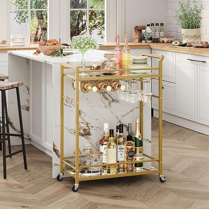3 Tier Bar Cart, Small Beverage Cart, Mini Bar Cart with Wine Rack, Home Bar Serving Cart with Wheels for Dining Living Room (Gold, Mirrored) GBC106GU
