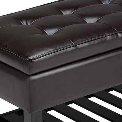 SIMPLIHOME Cosmopolitan Storage Ottoman Bench - 44 inch Wide Upholstered Vegan Leather Rectangle Storage Ottoman in Tanners Brown, Transitional Bench for Bedroom with Tufted Lift-Top and Open Shelf