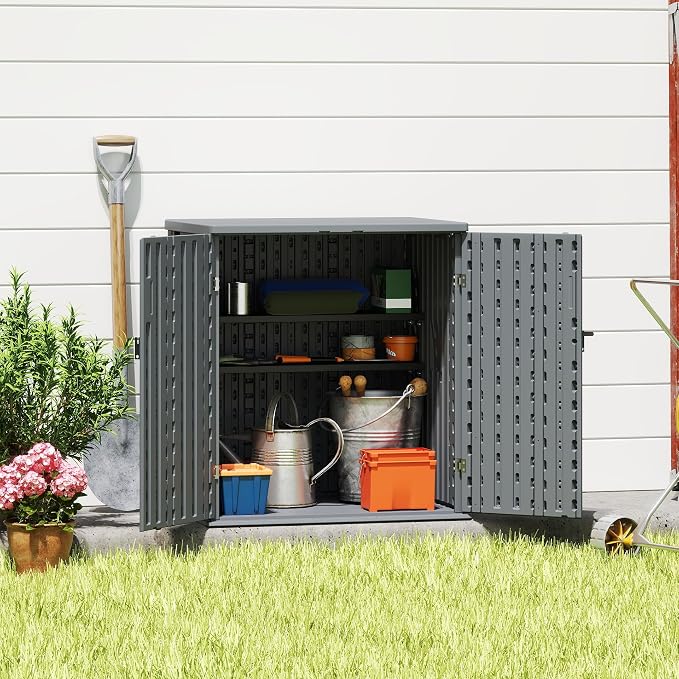 EHHLY Heavy Duty Small Storage Cabinet Outdoor Weatherproof, 14 Cuft Garage Storage Cabinet with 2 Adjustable Shelves, Lockable Kitchen Pantry Closer Organizer, 31Wx23Lx34H, Sage Grey