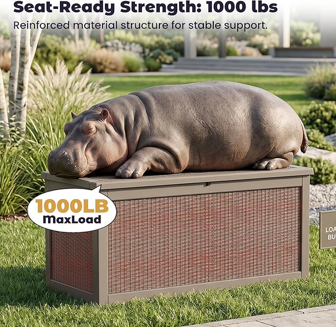 PatioZen 320 Gallon Deck Box, Outdoor Storage Box, Outdoor Storage Box for Cushions, Garden Tools, Furniture Storage,Waterproof, Lockable and Resin,Grey