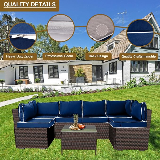14 Piece Outdoor Patio Cushion Cover Replacement, Waterproof Patio Cushion Covers, Outdoor Furniture Cushion Covers Set for 6 Seat Wicker Rattan Sofa (Blue+White Side)