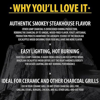 FOGO Brazilian Blend Hardwood Lump Charcoal, Natural, Large Sized Lump Charcoal for Grilling and Smoking, Restaurant Quality, 17.6 Pound Bag
