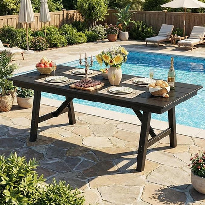 Garvee Outdoor Patio Dining Table for 4-6, 66.9" Long Outdoor HDPE Garden Dining Table with Umbrella Hole, Aluminum Frame, Triangular Legs, Waterproof, All-Weather for Backyard, Poolside, Black