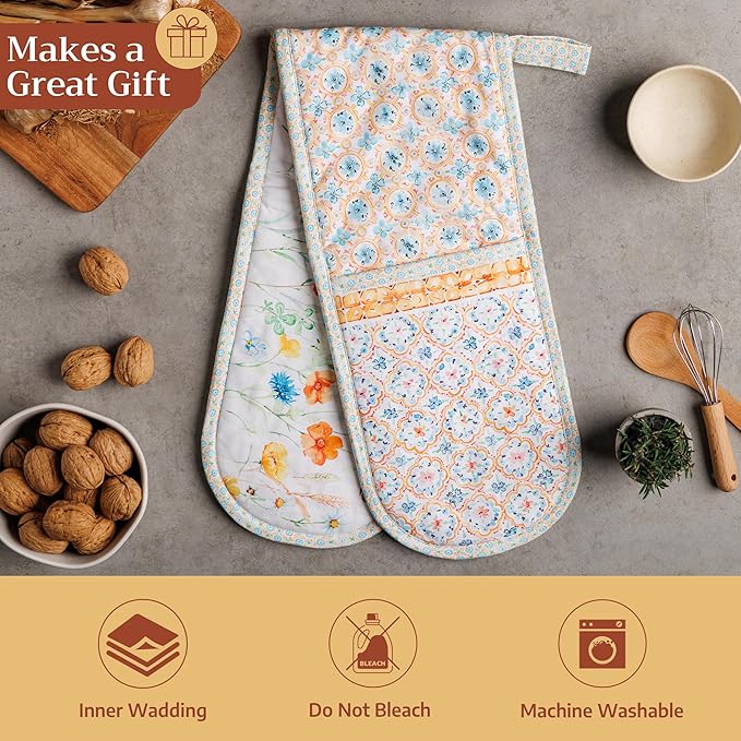 Maison d' Hermine Double Oven Mitts 100% Cotton 7"x35" Double Oven Mitt Heat Resistant BBQ Cooking Gloves with Loop Baking Grilling Kitchen Hotel Home Farmhouse Spring Summer (Summer Whisper)