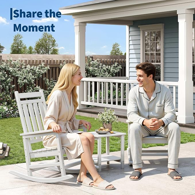 Garvee HDPE Rocking Chair Outdoor Set of 4 with 2 Side Table - Poly High Back Porch Rocker Chairs for Adults - All Weather Resistant Furniture for Patio Front Porch - White