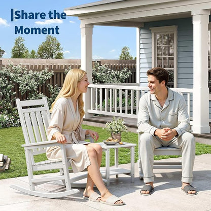 Garvee HDPE Rocking Chair Outdoor Set of 4 with 2 Side Table - Poly High Back Porch Rocker Chairs for Adults - All Weather Resistant Furniture for Patio Front Porch - White