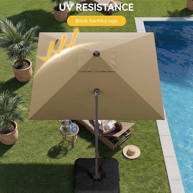10x10FT Cantilever Outdoor Umbrella with Base, 360° Rotating Large Offset Square Patio Umbrella, Ideal for Garden Backyard Deck Courtyard, Brown