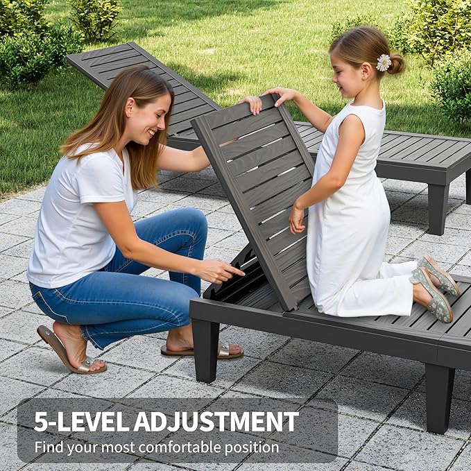 Outdoor Lounge Chair Set of 6, 5-Positions Adjustable Patio Chaise Lounges, Waterproof Tanning Chairs for Poolside, Backyard, Scratch-Resistant & Easy to Clean (Striped Black, Set of 6)
