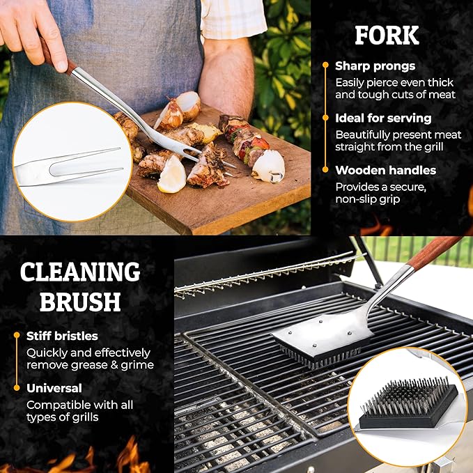 BBQ Grilling Accessories - Barbecue Tool Sets - Luxury Grill Accessories Kit - Grill Set – Premium Stainless Steel Equipment - 5 in 1 BBQ Tongs, Meat Fork, Spatula & Basting Brush