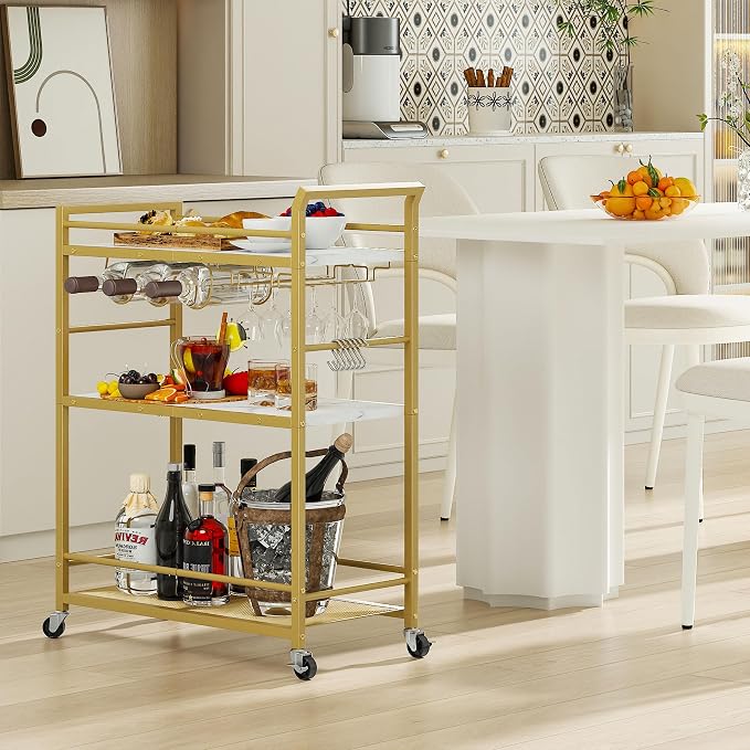 3 Tier Bar Cart, Small Beverage Cart, Mini Bar Cart with Wine Rack, Compact Mini Bar Cart - Please Refer to the Exact Dimensions for Usage Matching Dimensions: 22" W × 13" D × 35.8" H GBC507G