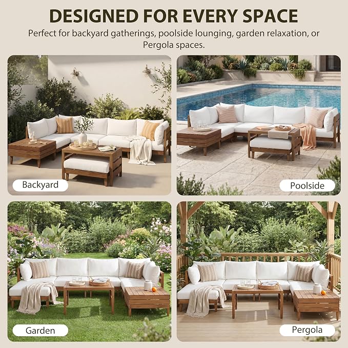 VilroCaz 8-Piece Acacia Wood Outdoor Patio Sofa Set, Modular Sectional Furniture Set with Storage Tea Table, Coffee Table, All-Weather Conversation Set with Cushions for Backyard Poolside