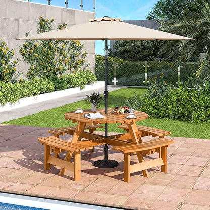 Giantex 8-Person Round Picnic Table Set with 4 Benches, 550 LBS Bench Capacity, 2" Umbrella Hole, Circular Outdoor Wood Dining Table & Chairs for Patio Yard Garden Porch Deck (71”x71”x28”,Yellow)