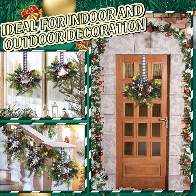 Zeyune 8 Pcs Christmas Kitchen Cabinet Wreaths with Plaid Bow 14.96 x 7.87 Inch Hanging Christmas Cabinet Doors Wreaths Decorative for Kitchen Window Outdoor Indoor Xmas Holiday Decor