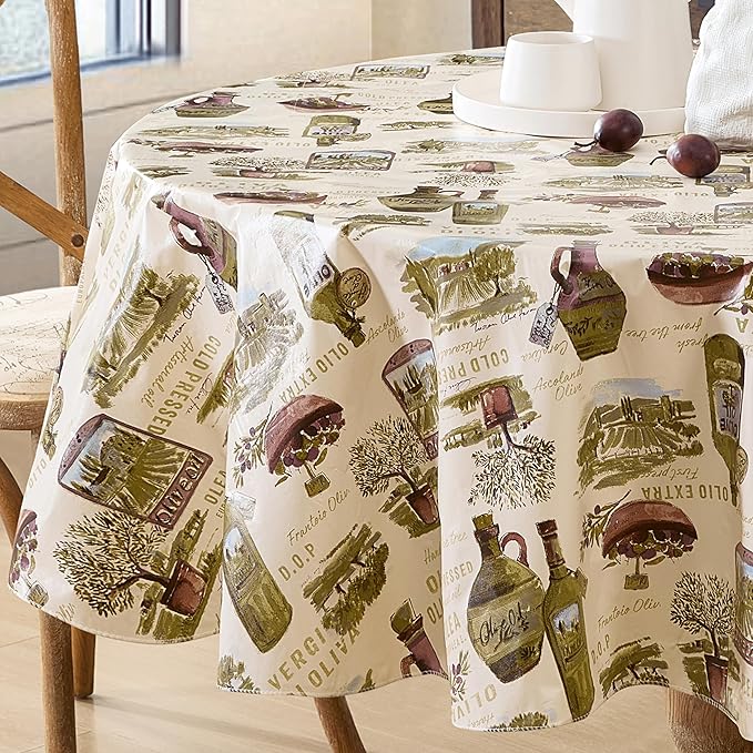 Newbridge 70 Inch Round Vinyl Tablecloth with Flannel Backing, Lucca Olive Oil Print, Indoor Outdoor Waterproof Table Cover, Picnic, Barbeque, Patio and Kitchen Dining, Tuscan Countryside