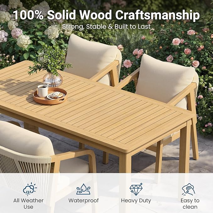 Wisteria Lane 9 Pieces Acacia Wood Outdoor Patio Table and Chairs Set for 8 | Modern Outdoor Dining Set with Umbrella Hole Table, Patio Table Set with Cushion for Backyard Deck Garden Porch