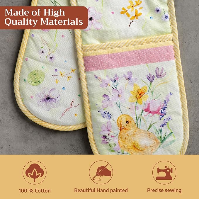 Maison d' Hermine Double Oven Mitts 100% Cotton Double Oven Glove (7"x35") | Heat Resistant BBQ Cooking Gloves with Loop Baking Grilling Kitchen Hotel Home Farmhouse Spring Summer - Easter Zest