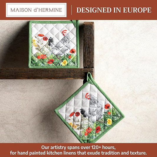 Maison d' Hermine Pot Holders 100% Cotton Heat Resistant Potholders 8" x 8" Hot Pads with Loop BBQ Cooking Baking Hotel Farmhouse Kitchen Handling Hot Pans Spring Summer (Pack of 2, Basse Cour)