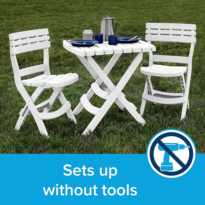 Camco Outdoor Table and Chair Set | Features Foldable Design for Compact RV Storage and Organization | Great for Camping, Events, Patios, and More | No-Tool Assembly | 3-Piece, White (51640)