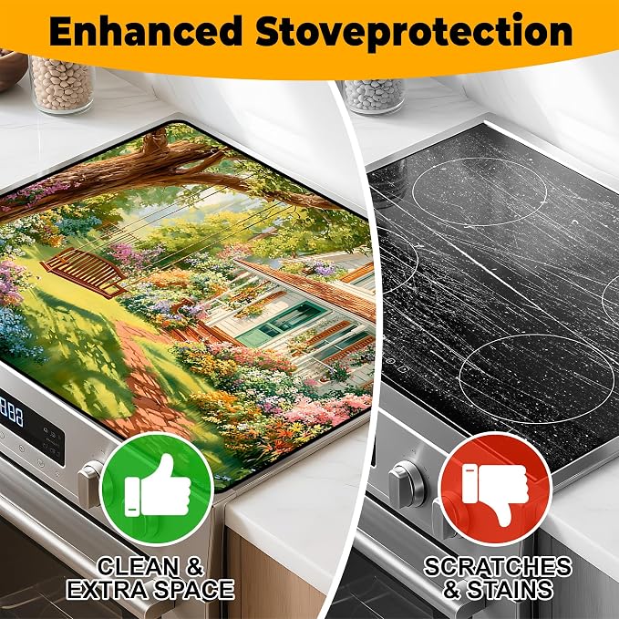 Happy Easter Stove Top Cover Flower Eggs Cute Rabbit Gas Stove Top Cover for Home Decoration Kitchen St. Patrick Day Pad Non-Stick Washable Cooktop Covers Countertop Protector (house, 28" x 20")