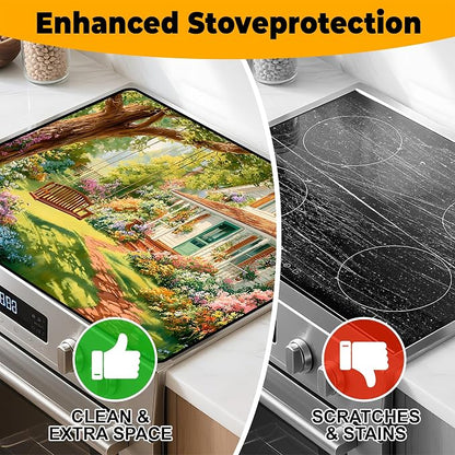 Happy Easter Stove Top Cover Flower Eggs Cute Rabbit Gas Stove Top Cover for Home Decoration Kitchen St. Patrick Day Pad Non-Stick Washable Cooktop Covers Countertop Protector (house, 28" x 20")