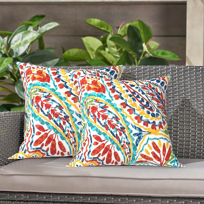 LVTXIII 2 Pack Outdoor Throw Pillow Covers for Patio Furniture, 16x16 Inch Square Pillow Case, Water-Repellent Cushion Covers for Garden, Porch, Sofa, Paisley Multi