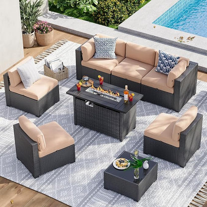 Aoxun 8 Piece Patio Furniture Set with 44” Fire Pit Table Wicker Patio Sectional Sofa Set Outdoor Seating Furniture with Thickened Cushion, Beige