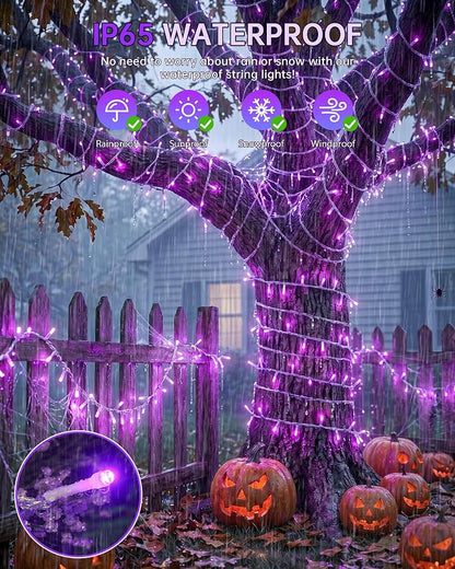 33FT 100 LED Purple Halloween Christmas Fairy Twinkle String Lights | Remote Control, 13 Modes with Memory, 4 Dimmable Brightness, 4 speed levels, Connectable, IP65 Waterproof, Transparent Wire