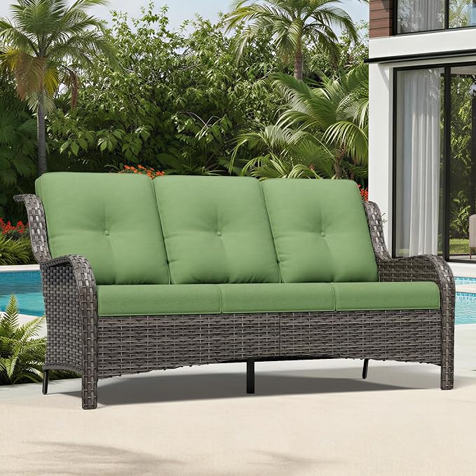 Joyside Outdoor Patio Couch, 3 Seater Outdoor Wicker Sofa with High Back, Deep Seating, Wide Armrest, Thickened Cushions, Patio Sofa for Deck, Porch Use