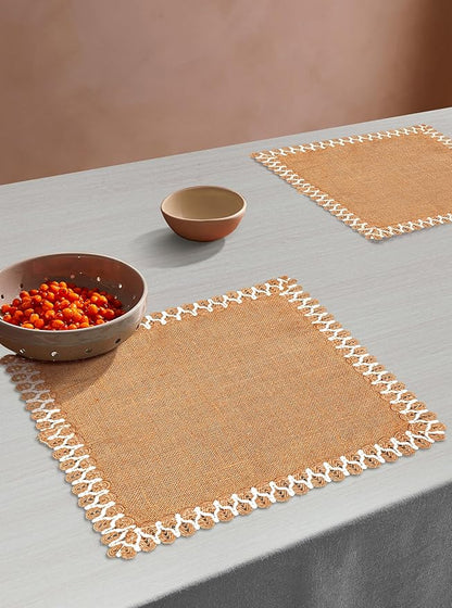 Hausattire Jute Burlap Placemat 13x19 Inches - Natural, Lace Design Edges Table Mats for Bar Table Indoor Outdoor Rustic Easter Farmhouse Kitchen Coffee Dinner Table Decor Mats - Set of 4