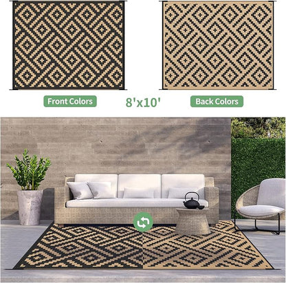 GENIMO Outdoor Rug, Waterproof Plastic Rugs for Patio, 8'x10' Black Brown | Outside Larger Modern Carpet Mat for Porch Decor, Deck, Balcony, Camping, RV, Backyard, Picnic, Beach, Reversible, Foldable