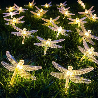 Solar Dragonfly String Light 30LED 21ft Garden Stake Lights Waterproof Outdoor Twinkle Fairy Lights with 8 Lighting Modes for Trees, Patio, Fence Christmas Decor (Warm White)