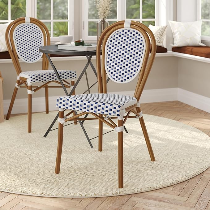 Flash Furniture Lourdes Indoor/Outdoor Commercial Thonet Bistro Stack Chair - White/Navy PE Rattan Back and Seat - Natural Bamboo Print Metal Frame