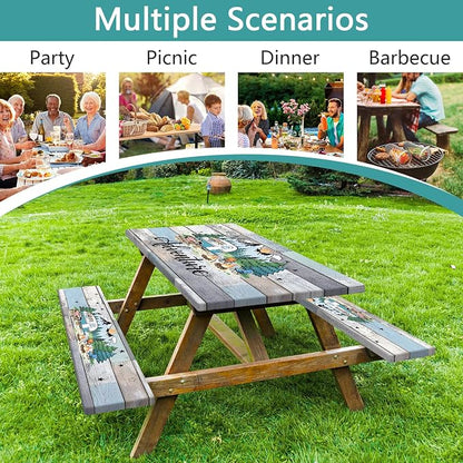 Fitted Picnic Table Cover with Bench Covers and Bag, Camping Essentials, Wooden Camper Fitted Table Cover, 6ft Outdoor Tablecloth Waterproof Windproof with Elastic Edge 3 PCS 30x60 Inch