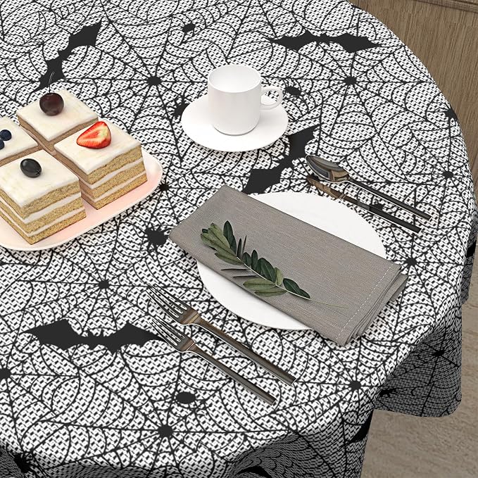 Sweetshow Halloween Bat Table Cloth Round Black and White Spider Web Tablecloth 60 Inch Decor Washable Stain and Wrinkle Resistant Round Table Cover for Dining Party Picnic