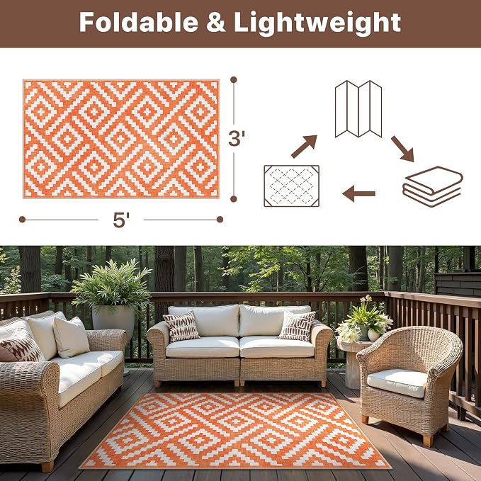 GENIMO Outdoor Rug 3'x5' Waterproof for Porch, Plastic Door Mat Mid Orange | Outside Modern Carpet for Patio Decor, Balcony, Deck, Backyard, Picnic, Camping, RV, Reversible, Foldable, Lightweight