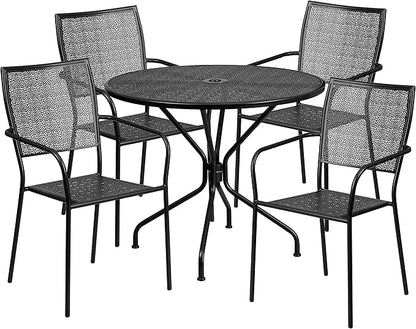 Flash Furniture Oia Commercial Grade 35.25" Round Black Indoor-Outdoor Steel Patio Table Set with 4 Square Back Chairs