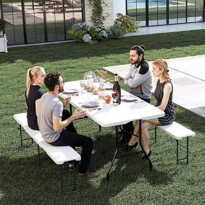 Real Relax 6' Picnic Table with 2 Benches, 3 Piece White Portable HDPE Folding Camping Table and Benches for Courtyard, Garden, Outdoor Leisure, Party