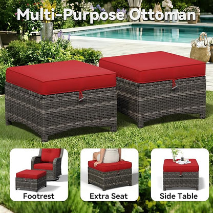 3-Piece Outdoor Couch Set, 1 Wicker Patio Loveseat with Thickened Olefin Cushions, High Back and Deep Seating, Hand-Woven PE Rattan and 2 Ottomans, Patio Conversation Set for Porch, Deck