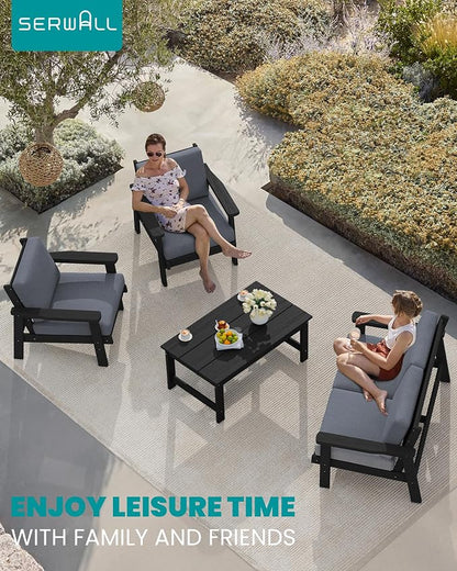 SERWALL HDPE Outdoor Patio Loveseat, All Weather Wood-Like Outdoor Sofa HDPE Outdoor Furniture, Black Frame and Grey Cushion
