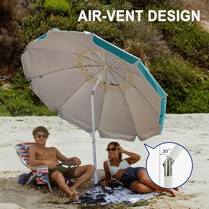 AMMSUN 8 Feet Large Beach Umbrella with Sand Anchor Heavy Duty High Wind Portable Outdoor Umbrellas UV 50+ Protection Air Vent Tilt Patio Garden Pool