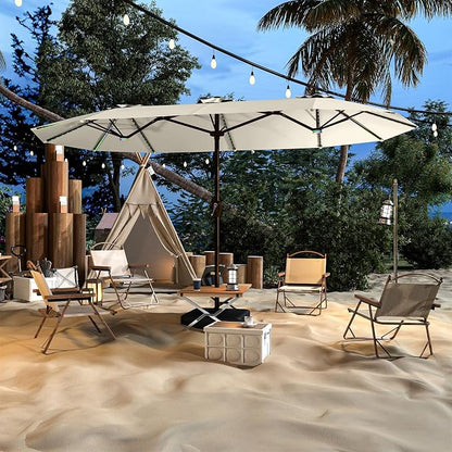AreShark 15FT Large Rectangular Patio Umbrella with Solar Lights, Off-White | Rectangle Lighted Outdoor Umbrella with Crank, Double-Sided Market Umbrella with Base for Porch, Lawn, Pool, Backyard