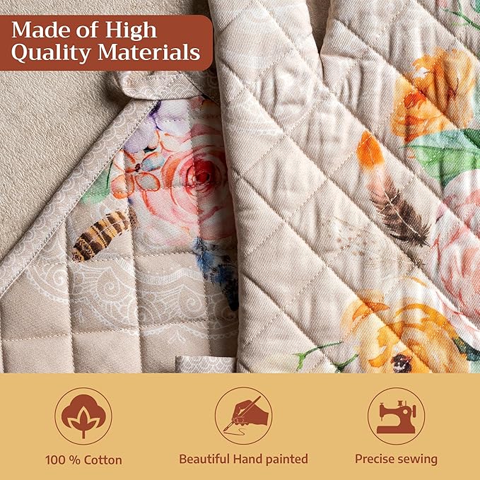 Maison d' Hermine 100% Cotton Oven Mitt & Pot Holder Set (7.5"x13" & 8"x8") Heat Resistant BBQ Cooking Gloves with Loop Baking Grilling Kitchen Hotel Home Farmhouse Spring Summer (Ibiza - Beige)