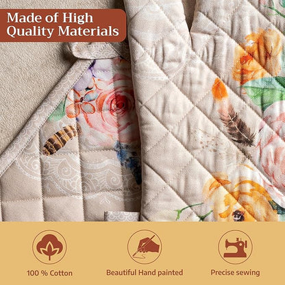 Maison d' Hermine 100% Cotton Oven Mitt & Pot Holder Set (7.5"x13" & 8"x8") Heat Resistant BBQ Cooking Gloves with Loop Baking Grilling Kitchen Hotel Home Farmhouse Spring Summer (Ibiza - Beige)
