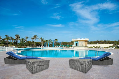 BTEXPERT Outdoor Chaise Lounges Pool Cushioned Chair Wicker Patio Rattan Poolside Folding Space Saving Sun Lounger Adjustable Backrest Couch Reclining Fully Assembled Two Piece Blue