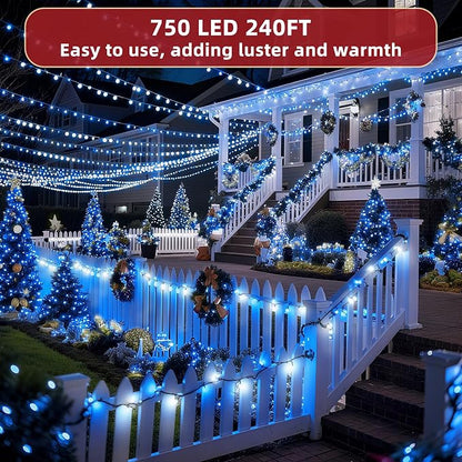 240FT Christmas Lights Outdoor, 750 LED Christmas Tree Decoration Lights with 12 Modes & Timer Memory, Dimmable Plug In Waterproof LED Xmas Light for Yard Trees Wedding Party Holiday Blue & White